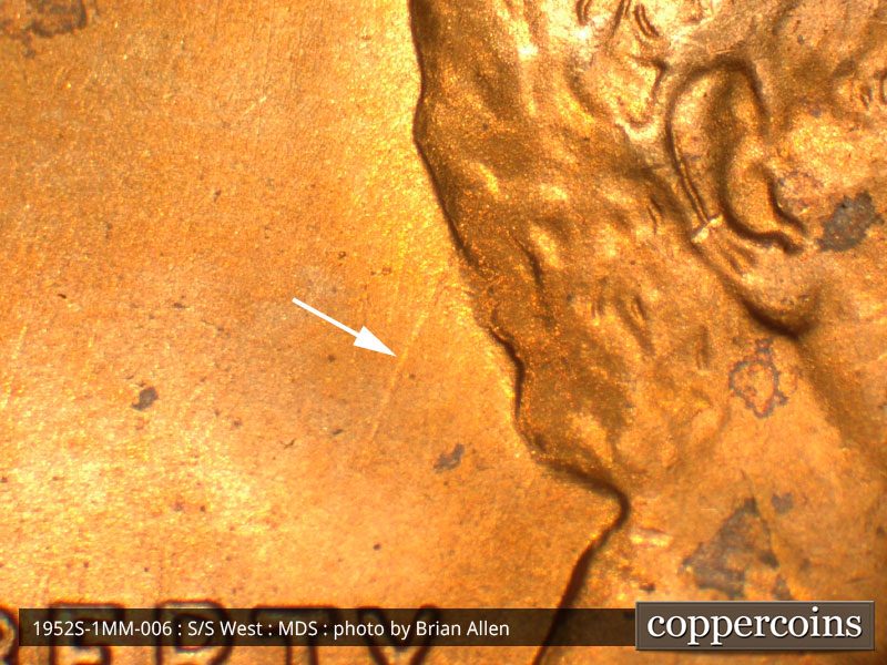 Die-stage B marker on 1952S•1MM•006 (1952 Repunched Mint Mark).