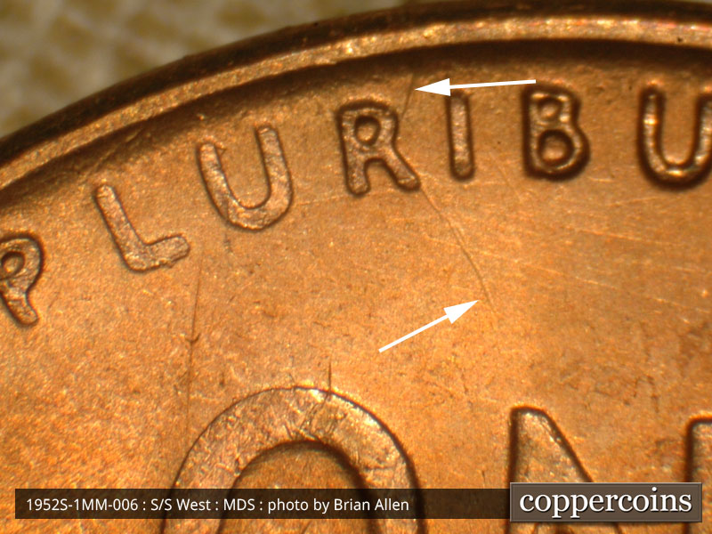 Die-stage B marker on 1952S•1MM•006 (1952 Repunched Mint Mark).