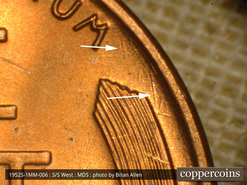 Die-stage B marker on 1952S•1MM•006 (1952 Repunched Mint Mark).