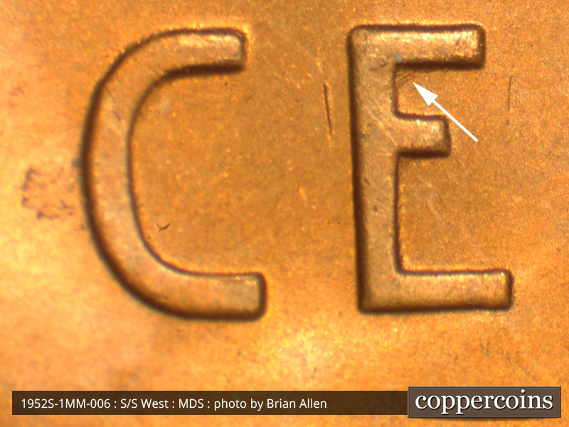 Die-stage B marker on 1952S•1MM•006 (1952 Repunched Mint Mark).
