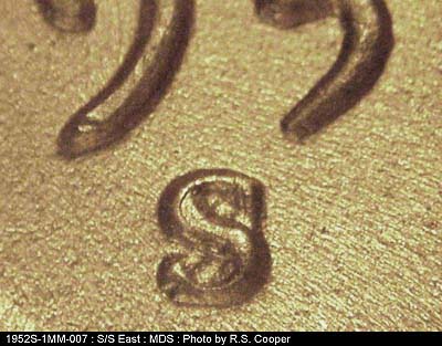 1952 Lincoln cent obverse, CopperCoins die 1952S•1MM•007.