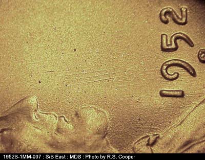 Die-stage B marker on 1952S•1MM•007 (1952 Repunched Mint Mark).