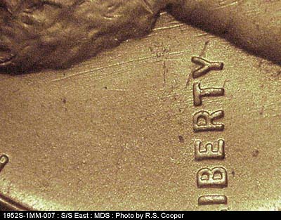 Die-stage B marker on 1952S•1MM•007 (1952 Repunched Mint Mark).