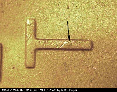 Die-stage B marker on 1952S•1MM•007 (1952 Repunched Mint Mark).