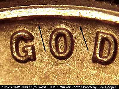 Die-stage B marker on 1952S•1MM•008 (1952 Repunched Mint Mark).