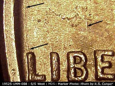 Die-stage B marker on 1952S•1MM•008 (1952 Repunched Mint Mark).