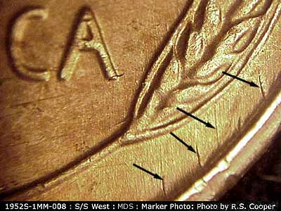 Die-stage B marker on 1952S•1MM•008 (1952 Repunched Mint Mark).