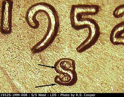 Die-stage C marker on 1952S•1MM•008 (1952 Repunched Mint Mark).