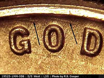 Die-stage C marker on 1952S•1MM•008 (1952 Repunched Mint Mark).
