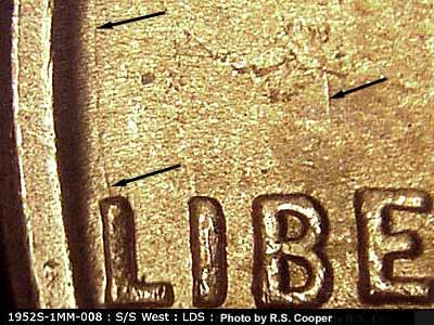 Die-stage C marker on 1952S•1MM•008 (1952 Repunched Mint Mark).