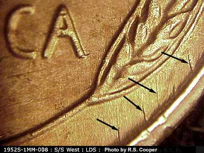 Die-stage C marker on 1952S•1MM•008 (1952 Repunched Mint Mark).