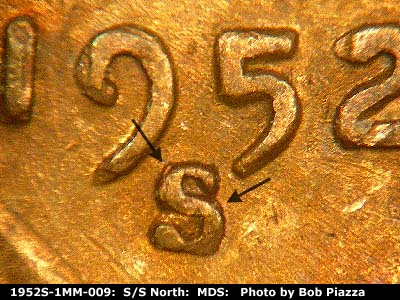 1952 Lincoln cent obverse, CopperCoins die 1952S•1MM•009.
