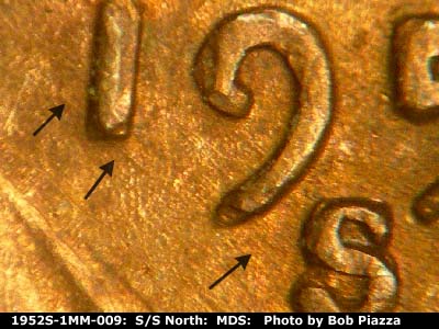 Die-stage B marker on 1952S•1MM•009 (1952 Repunched Mint Mark).