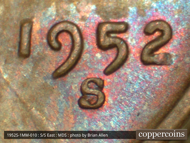 Die-stage B marker on 1952S•1MM•010 (1952 Repunched Mint Mark).