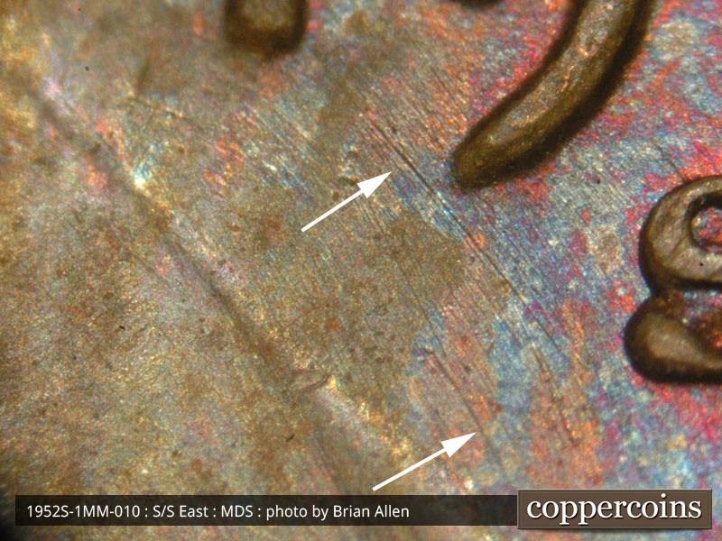 Die-stage B marker on 1952S•1MM•010 (1952 Repunched Mint Mark).
