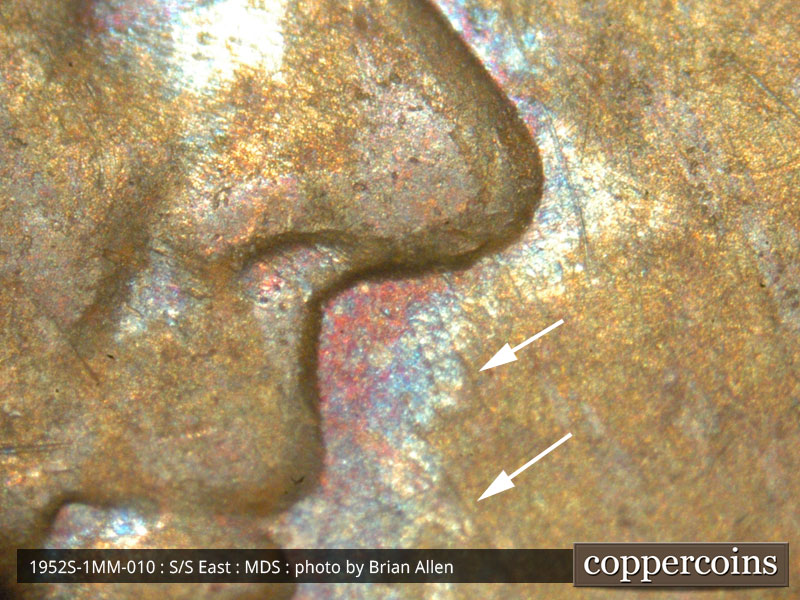 Die-stage B marker on 1952S•1MM•010 (1952 Repunched Mint Mark).