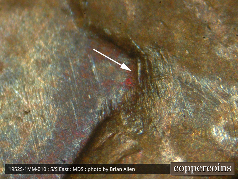 Die-stage B marker on 1952S•1MM•010 (1952 Repunched Mint Mark).