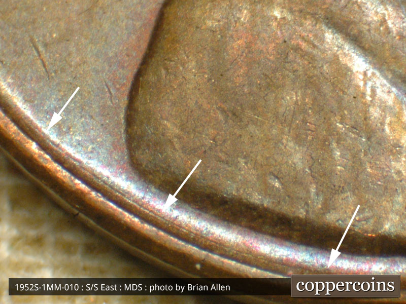 Die-stage B marker on 1952S•1MM•010 (1952 Repunched Mint Mark).