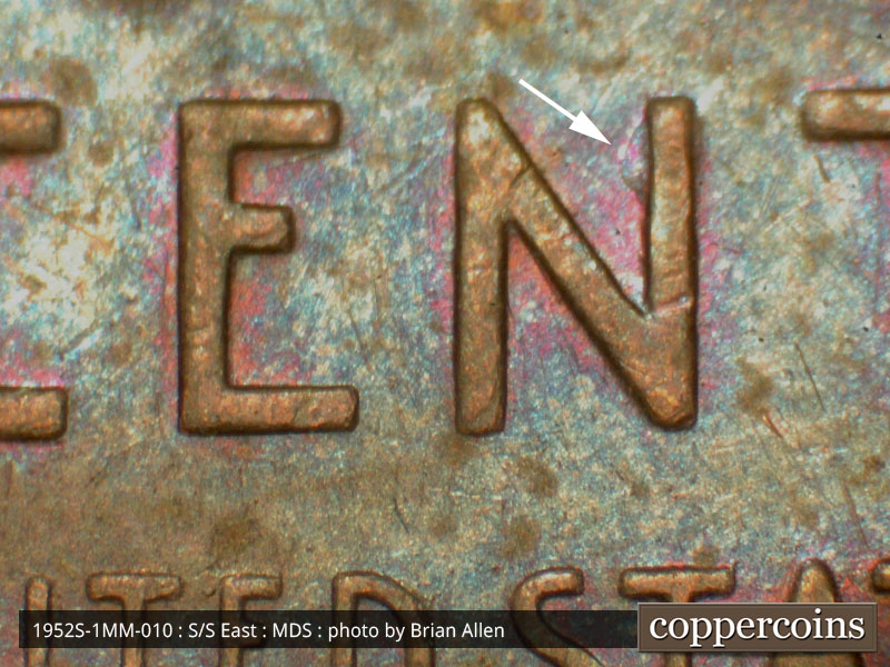 Die-stage B marker on 1952S•1MM•010 (1952 Repunched Mint Mark).