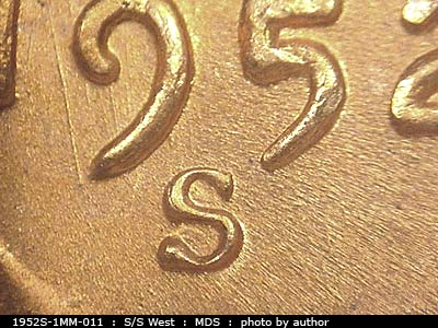 1952 Lincoln cent obverse, CopperCoins die 1952S•1MM•011.