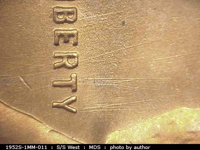 Die-stage B marker on 1952S•1MM•011 (1952 Repunched Mint Mark).