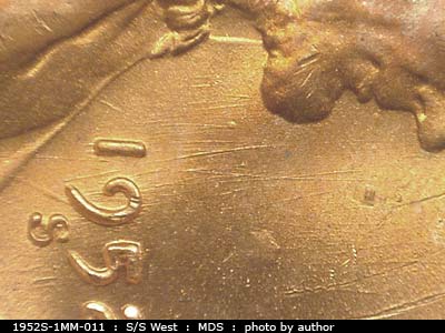 Die-stage B marker on 1952S•1MM•011 (1952 Repunched Mint Mark).