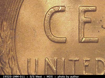 Die-stage B marker on 1952S•1MM•011 (1952 Repunched Mint Mark).