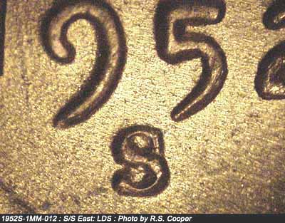 Die-stage C marker on 1952S•1MM•012 (1952 Repunched Mint Mark).