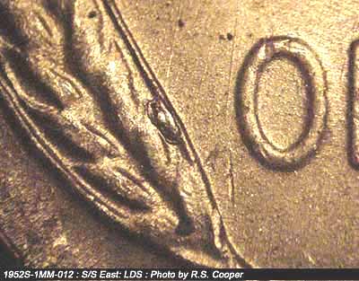 Die-stage C marker on 1952S•1MM•012 (1952 Repunched Mint Mark).