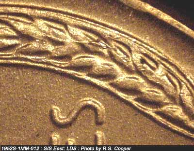 Die-stage C marker on 1952S•1MM•012 (1952 Repunched Mint Mark).