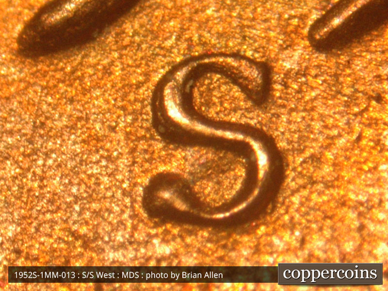 1952 Lincoln cent obverse, CopperCoins die 1952S•1MM•013.