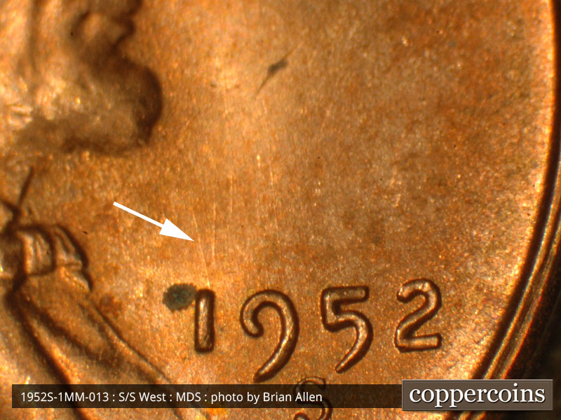 Die-stage B marker on 1952S•1MM•013 (1952 Repunched Mint Mark).