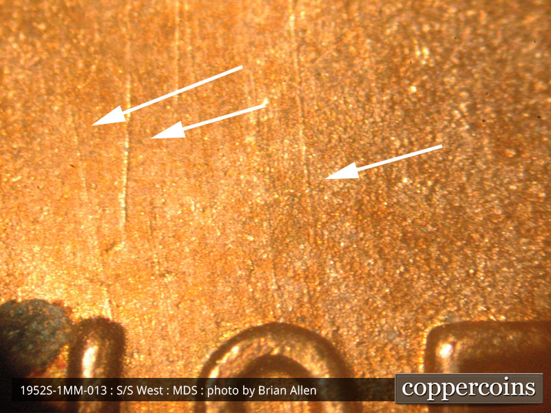 Die-stage B marker on 1952S•1MM•013 (1952 Repunched Mint Mark).