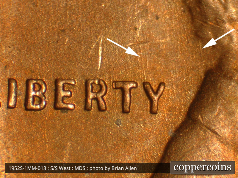 Die-stage B marker on 1952S•1MM•013 (1952 Repunched Mint Mark).