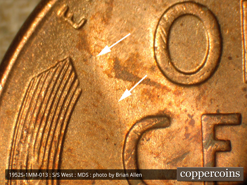 Die-stage B marker on 1952S•1MM•013 (1952 Repunched Mint Mark).