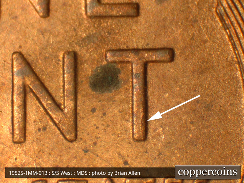 Die-stage B marker on 1952S•1MM•013 (1952 Repunched Mint Mark).