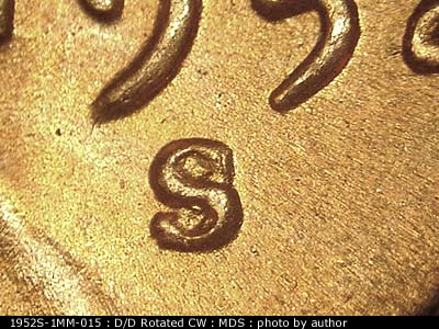 1952 Lincoln cent obverse, CopperCoins die 1952S•1MM•015.