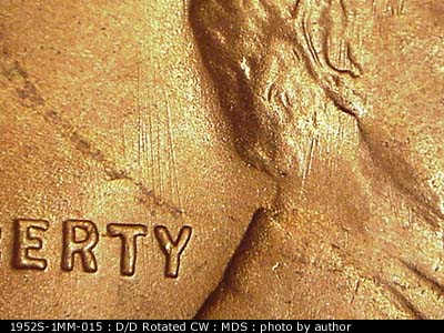 Die-stage B marker on 1952S•1MM•015 (1952 Repunched Mint Mark).