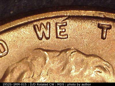 Die-stage B marker on 1952S•1MM•015 (1952 Repunched Mint Mark).
