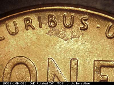 Die-stage B marker on 1952S•1MM•015 (1952 Repunched Mint Mark).