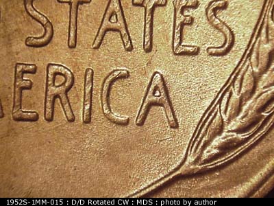 Die-stage B marker on 1952S•1MM•015 (1952 Repunched Mint Mark).