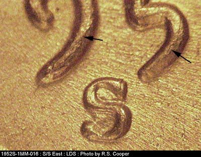 Die-stage C marker on 1952S•1MM•016 (1952 Repunched Mint Mark).