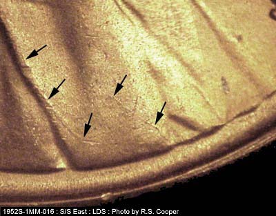 Die-stage C marker on 1952S•1MM•016 (1952 Repunched Mint Mark).