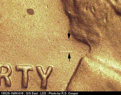 Die-stage C marker on 1952S•1MM•016 (1952 Repunched Mint Mark).