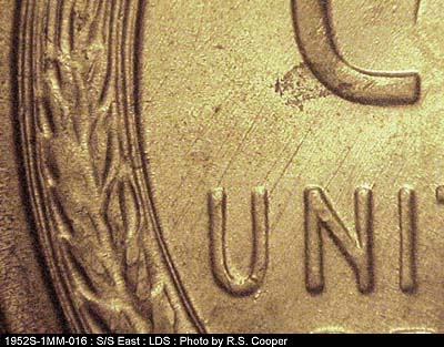 Die-stage C marker on 1952S•1MM•016 (1952 Repunched Mint Mark).