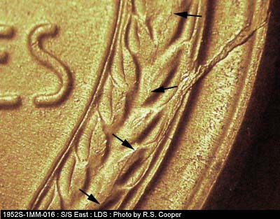 Die-stage C marker on 1952S•1MM•016 (1952 Repunched Mint Mark).