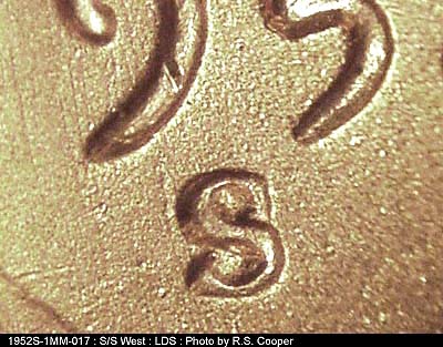 Die-stage C marker on 1952S•1MM•017 (1952 Repunched Mint Mark).