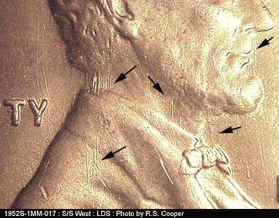 Die-stage C marker on 1952S•1MM•017 (1952 Repunched Mint Mark).