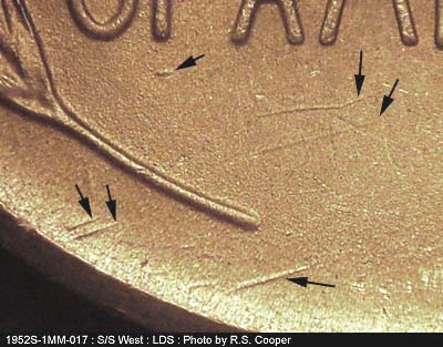 Die-stage C marker on 1952S•1MM•017 (1952 Repunched Mint Mark).