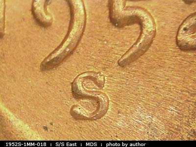 1952 Lincoln cent obverse, CopperCoins die 1952S•1MM•018.
